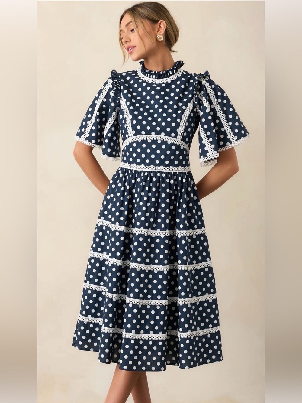 Prosperina Andromeda Navy Polka Dot Fit & Flare Dress with Lace Trim